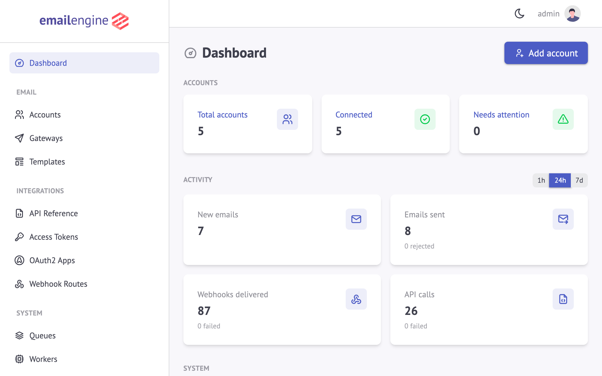 EmailEngine dashboard