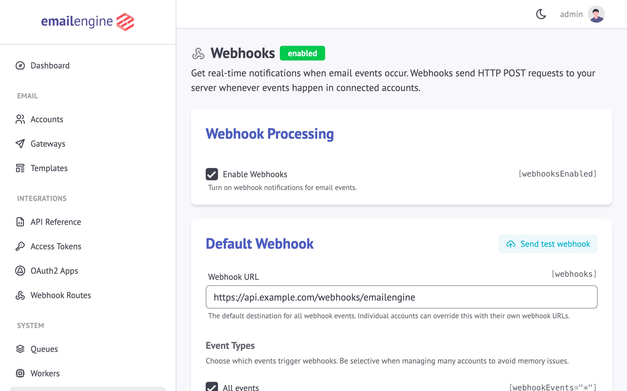 Webhook configuration in EmailEngine